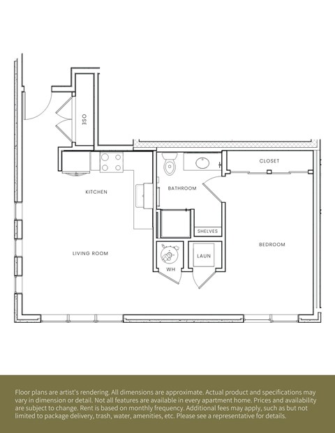 A floor plan of an apartment with a living room, kitchen, bathroom, bedroom and closet.